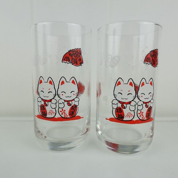 Maneki Neko Boy & Girl Lucky Cat Koi Sushi Drinking Glasses Set Of 2 - Picture 1 of 7